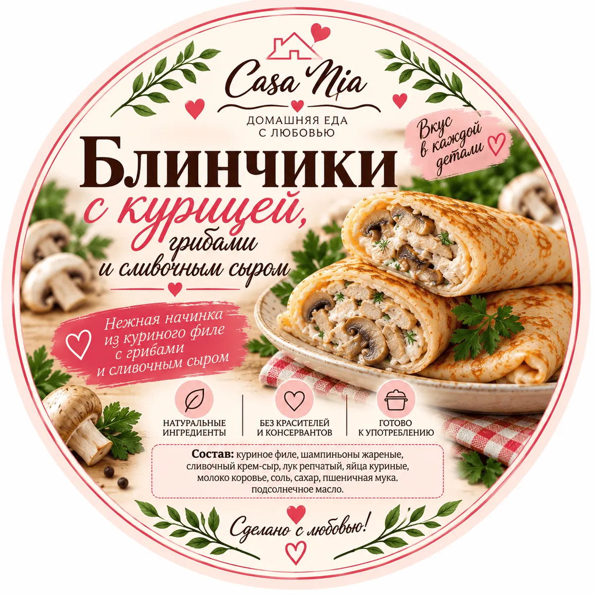 Блинчики с курицей, грибами и сыром